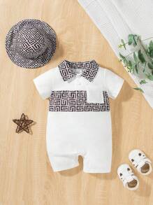 Baby Boys' Single-Breasted Lapel Jumpsuit And Hat Set, 2024 Summer New Arrival - White - View 1
