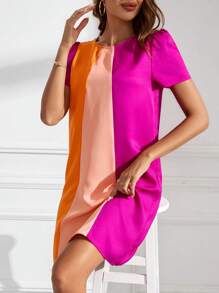 SHEIN Clasi 女士短袖圓領A字型拼色迷你裙