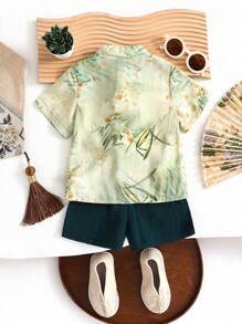 Baby Boys' Woven Button-Up Short Sleeve Top And Shorts Hanfu Set With Ink Painting Pattern - Dark Green - View 2