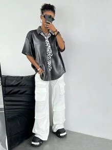 SHEIN EZwear Camisa de manga corta gris brillante adecuada para festivales de música y uso diario, como una prenda externa