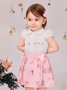 SHEIN Baby Girls' Embroidered Top + Digital Printed A-Line Skirt Set, 2pcs