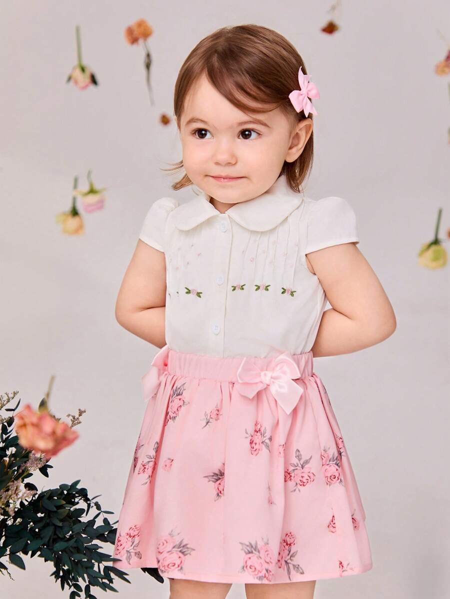 SHEIN Baby Girls' Embroidered Top + Digital Printed A-Line Skirt Set, 2pcs