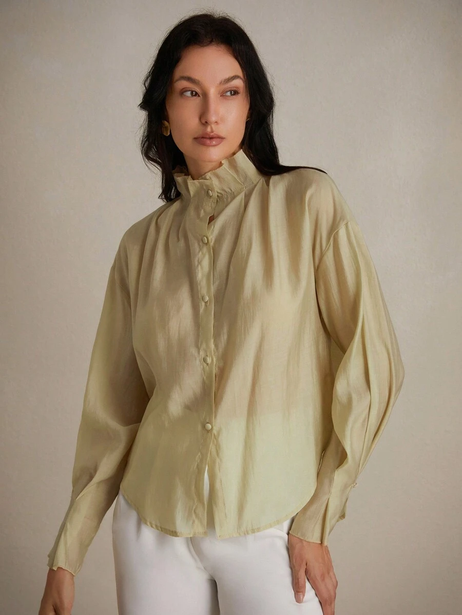 Aveloria Modichic Ladies' Casual Solid Color Pleated Stand Collar Long Sleeve Shirt - Khaki - View 1