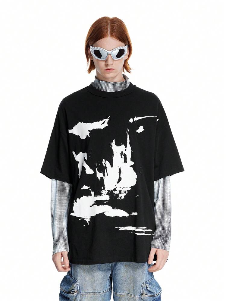 Men's Black Knit Abstract Printed Oversized Crewneck Short Sleeve T-Shirt With Deconstructed Collar, Made Of Pure Cotton, Suitable For Spring And Summer Street Fashion