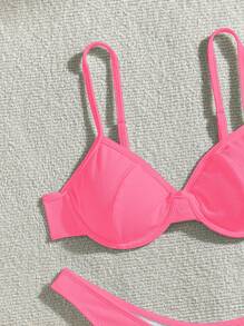 SHEIN Swim Women's Summer Beach Solid Color Sexy Bikini Set Bathing Suit - Hot Pink - View 4