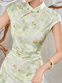 Modelyn Váy sườn xám phong cách Trung Hoa thanh lịch dành cho nữ có tay áo cài nút in hoa, sườn xám/sườn xám hiện đại cải tiến - màu xanh lá - Xem 3