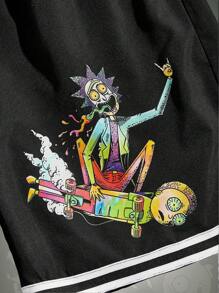 ROMWE MEN Rick and Morty | ROMWE 男士休闲运动卡通人物字母印花短袖 T 恤和抽绳腰短裤套装，夏季，学校