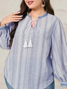 Mulvari Plus Size Women's Simple Daily Long Sleeve Shirt - Blue and White - View 2