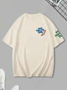 Claim Dot 男士夏季鬆身休閒T恤，口號印花，圓領，下垂肩設計 - 卡其色 - 查看 2