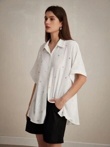 Aveloria Modichic Exquisite White Net Diamond Studded Loose Short Sleeve Shirt For Commuting Fall Cloth For Women - White - View 1