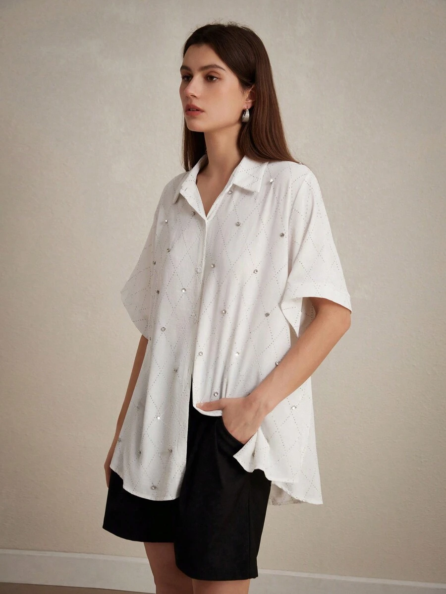 Aveloria Modichic Exquisite White Net Diamond Studded Loose Short Sleeve Shirt For Commuting Fall Cloth For Women - White - View 1