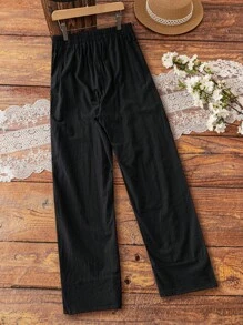 Plus Size Solid Color Vacation Casual Straight-Leg Pants - Black - View 2