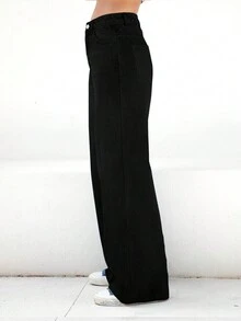 (可用棉)女性復古寬鬆直筒牛仔長褲staked Jeans - 黑色 - 查看 3