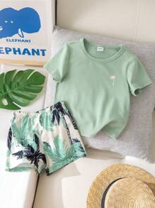 Baby Boy Casual Comfortable Coconut Tree Pattern Outfit Set - Green - View 3
