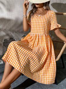 SHEIN LUNE Summer Fashionable & Casual Comfortable Loose-Fit Orange Plaid Women's Dress
