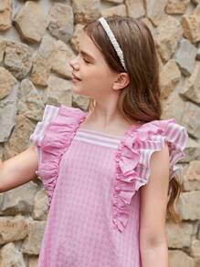 Vestido Simples A-Line Solto de Duas Camadas com Patchwork Listrado e Mangas Babados para Meninas Pré-adolescentes