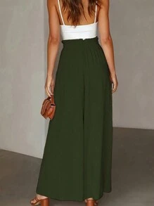 SHEIN LUNE Women's Casual Solid Color Wide Leg Pants Fall Cloth For Women - Green - View 2