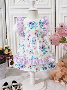Baby Girls' Flower Print Patchwork Striped Ruffle Dress And Short Sleeve Top Set