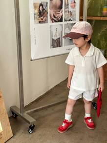 SHEIN Young Boy Casual White Waffle Fabric Half Placket Shirt And Shorts Set, Suitable For Summer, Outdoors And Various Occasions, Simple And Versatile, Comfortable To Wear - White - View 1