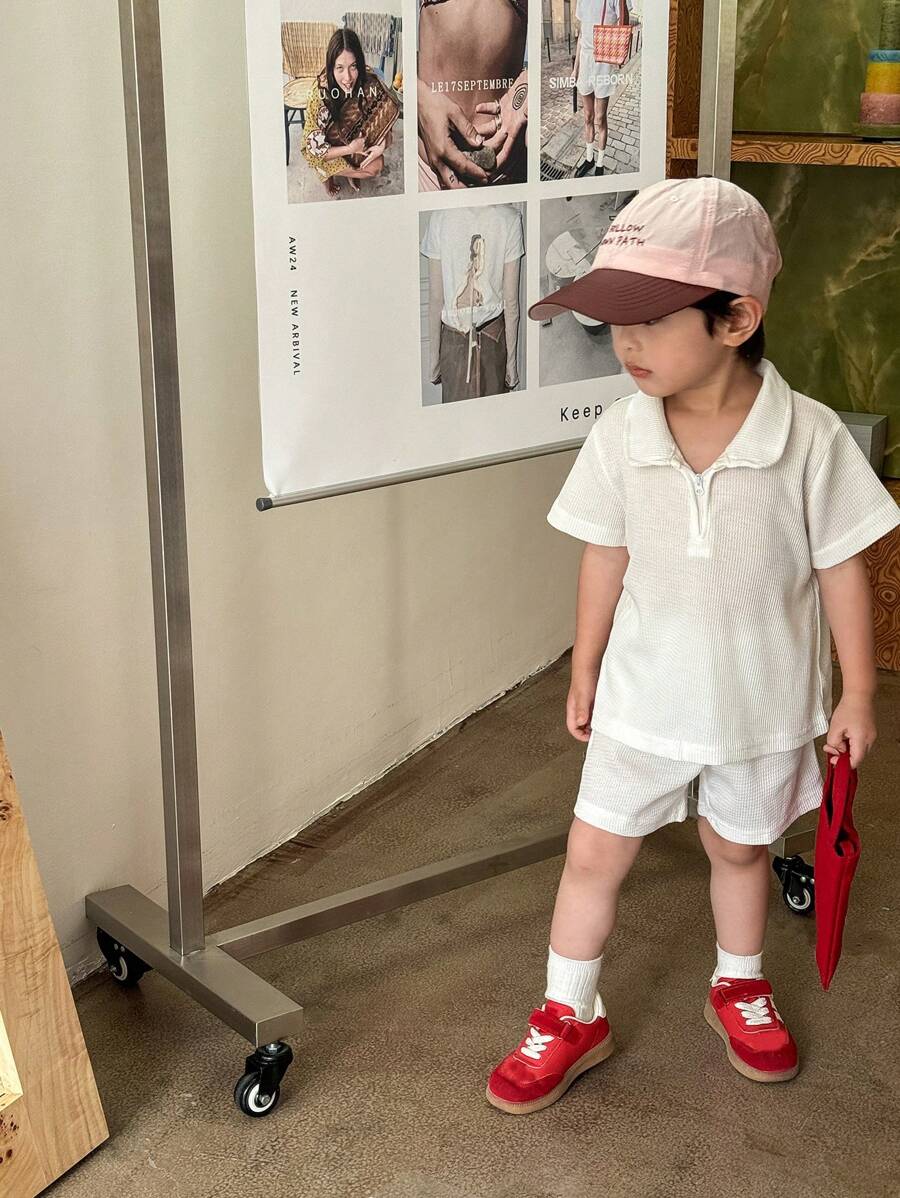 SHEIN Young Boy Casual White Waffle Fabric Half Placket Shirt And Shorts Set, Suitable For Summer, Outdoors And Various Occasions, Simple And Versatile, Comfortable To Wear - White - View 1