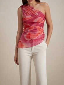 Aveloria Rosie Random Tie-Dye Mesh Fabric Print Ruched Slim Fit Asymmetric Elegant Summer Tank Top 