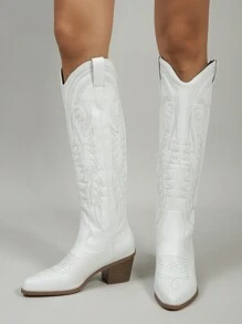 2024 Spring Autumn New Plus Size Women Outdoor Western Embroidered Knee-High Boots