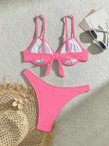 SHEIN Swim Women's Summer Beach Solid Color Sexy Bikini Set Bathing Suit - Hot Pink - View 2