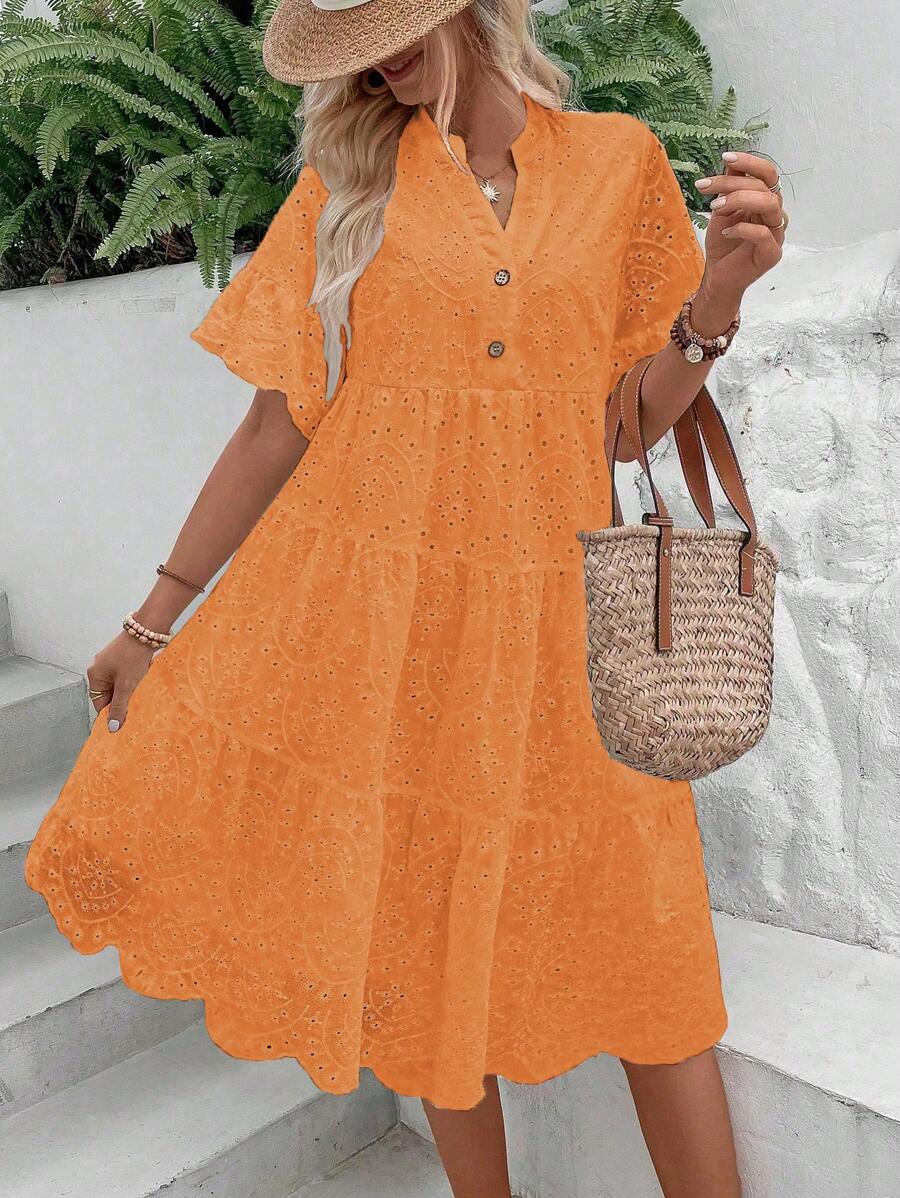 SHEIN LUNE Women's Solid Color Notched V-Neck Ruffle Hem Holiday Dress - Orange - View 1