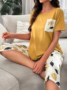 Bộ đồ ngủ mùa hè cổ tròn in hoa cho nữ và quần capri - Màu vàng - Xem 6
