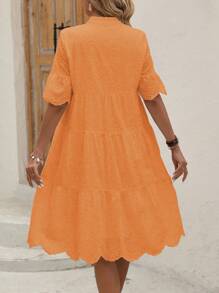 SHEIN LUNE Women's Solid Color Notched V-Neck Ruffle Hem Holiday Dress - Orange - View 2