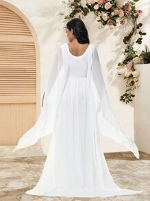 Maternity Chiffon Flowy Sleeve Dress With Trailing Hem, Suitable For Baby Shower And Maternity Photoshoot - White - View 2