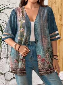 EMERY ROSE 加大尺碼女士假期鄉村音樂會風格印花長袖夏季開衫 - 綠色 - 查看 4