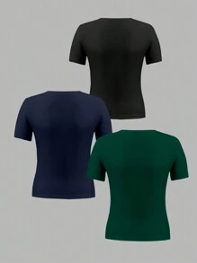 RueChic Multi-Pack -Feel Fitted Round Neck Basic T-Shirts - Dark Green - View 2