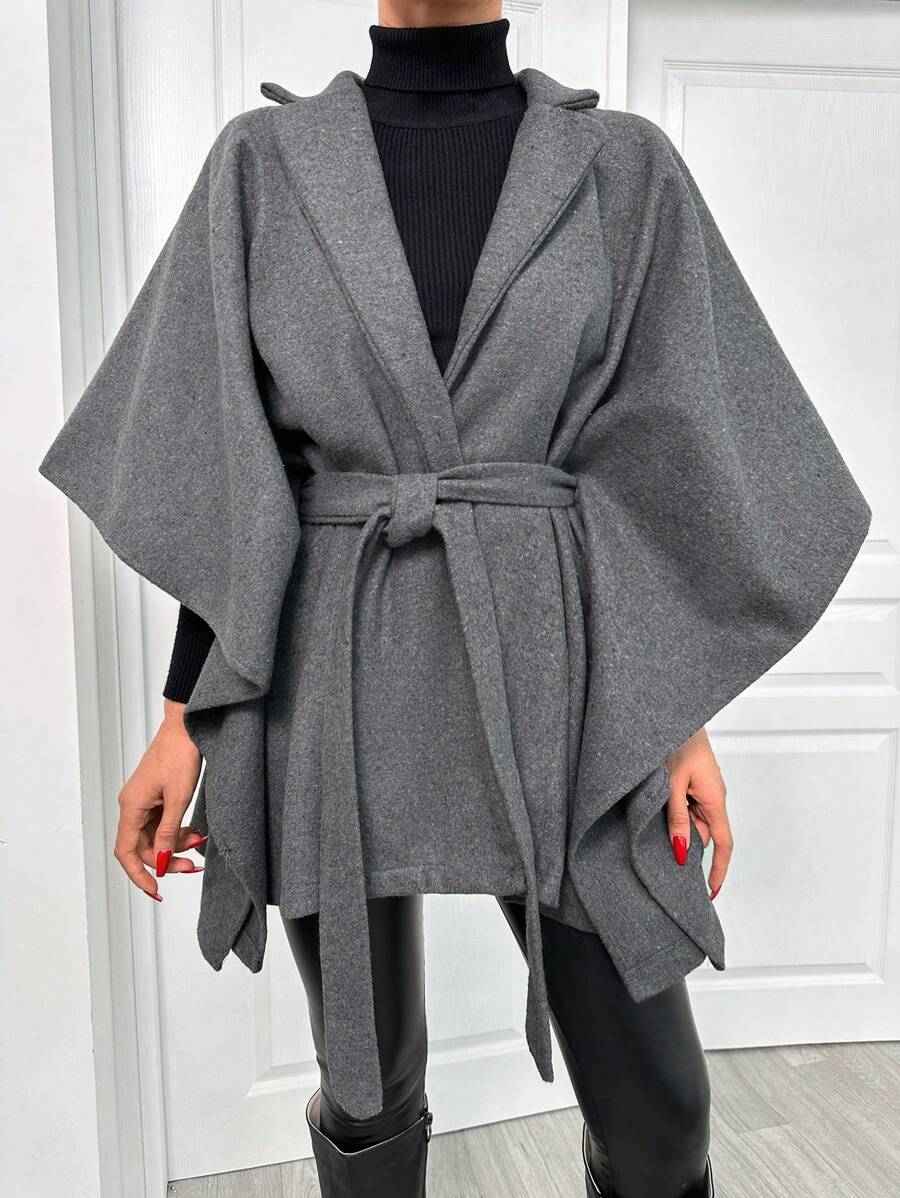 EURMUSE Ladies' Solid Color Minimalist Style Woolen Belted Coat For Daily Wear - Grey - View 1