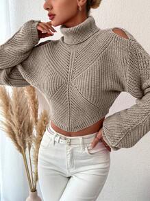 EURMUSE Turtleneck Drop Shoulder Crop Sweater - Beige - View 3