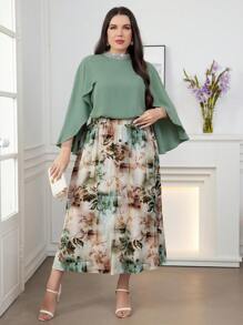 Modelyn Plus Size Solid Color Split Sleeve Casual Top And Floral Print Skirt 2pcs/Set 2 Pieces Set - Multicolor - View 3