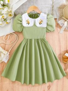 Girls' Peter Pan Collar Embroidery Puff Sleeve Summer Dress - Olive Green - View 1