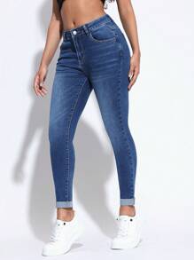 SHEIN PETITE Quần jean nữ dáng ôm vừa vặn có viền cuộn và túi - Rửa trung bình - Xem 6