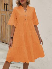 SHEIN LUNE Women's Solid Color Notched V-Neck Ruffle Hem Holiday Dress - Orange - View 3