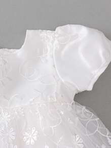 Baby Girl Short Puff Sleeve Long Baptism Dress, White Wedding Party Flower Girl Dress