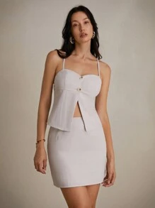 SHEIN Privé 性感高开叉露背上衣和紧身半身裙套装夏季通勤装 - 米色 - 查看 1