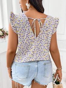 Calvaya Plus Size V-Neck Flutter Sleeve French Style Floral Shirt - Mauve Purple - View 1