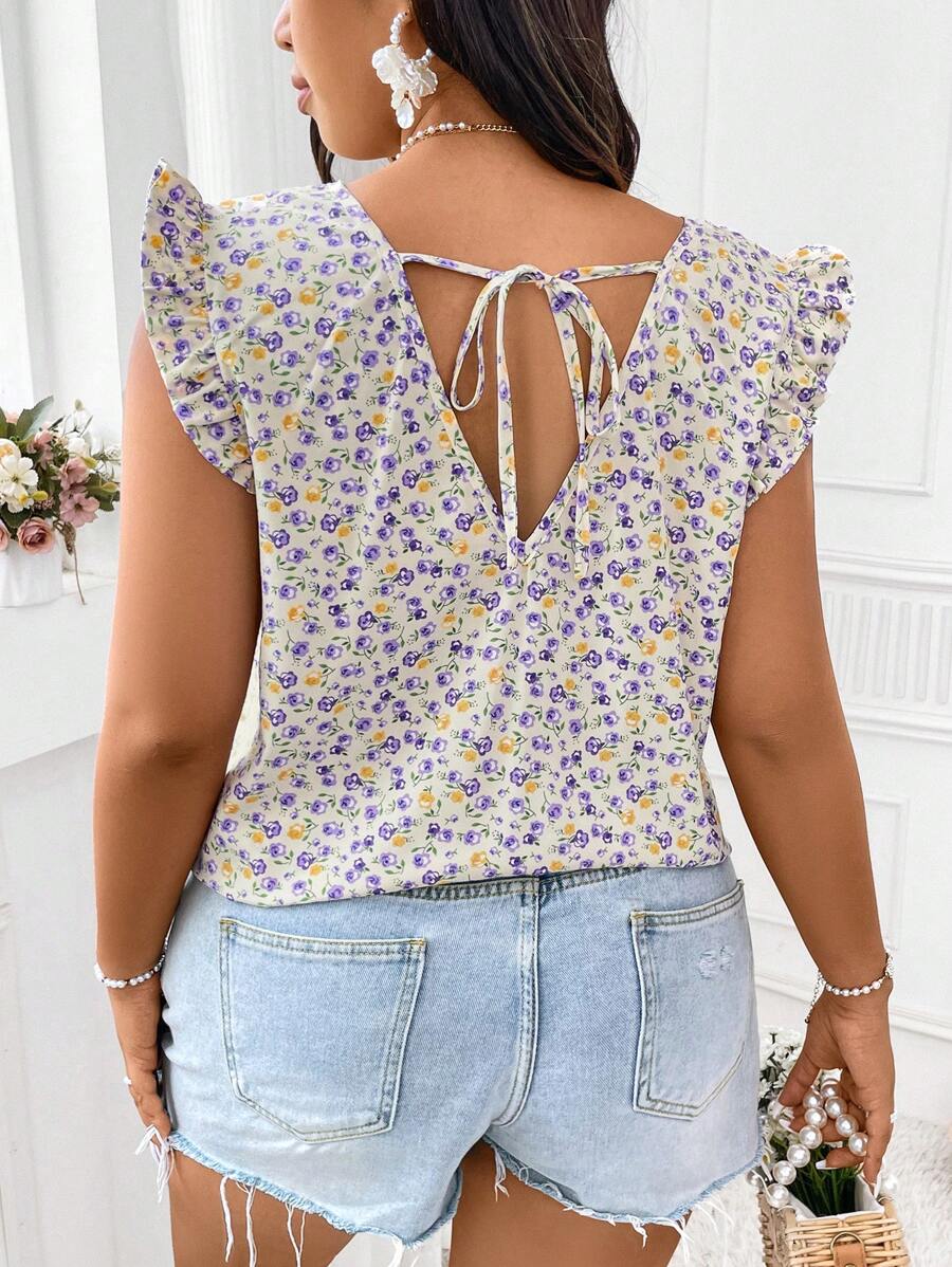 Calvaya Plus Size V-Neck Flutter Sleeve French Style Floral Shirt - Mauve Purple - View 1