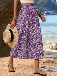 SHEIN LUNE Women's Random Printed Simple Daily Maxi Skirt - Purple - View 4
