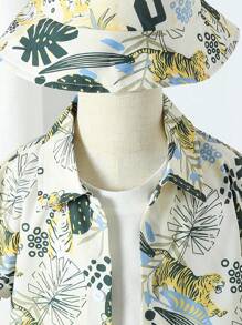 Camisa de manga corta con estampado tropical para niño joven con pantalones de unicolor y gorro, atuendo para vacaciones y tiempo libre - Verde militar - Ver 4