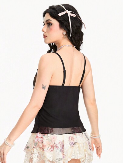 Fairycore Women's Renaissance Summer Flower Print Contrast Lace Elegant Cami Top