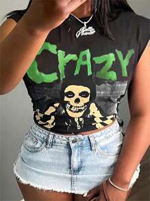 SHEIN Slayr Skull & Letter Print Round Neck Short Sleeve Summer Casual T-Shirt With Pleats