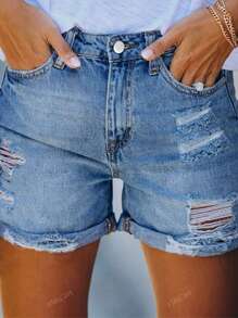 Shorts vaqueros casuales de mujer con efecto lavado y desgastado versátil a la moda