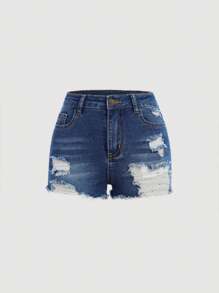 SHEIN Girlism Tween 女童夏季波西米亚风纯色水洗原边破洞紧身牛仔短裤带斜口袋，女童夏季短裤套装