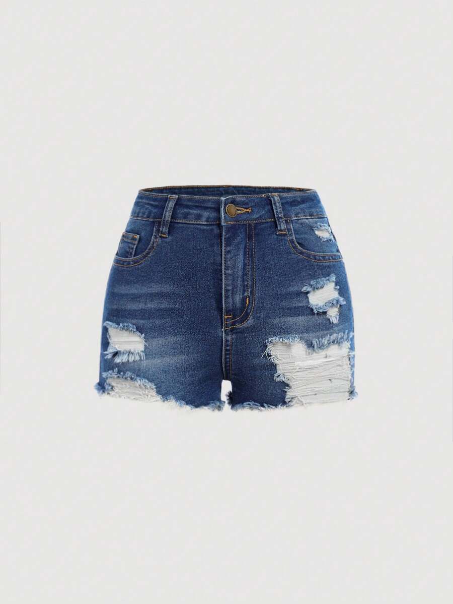 SHEIN Girlism Tween 女童夏季波西米亚风纯色水洗原边破洞紧身牛仔短裤带斜口袋，女童夏季短裤套装